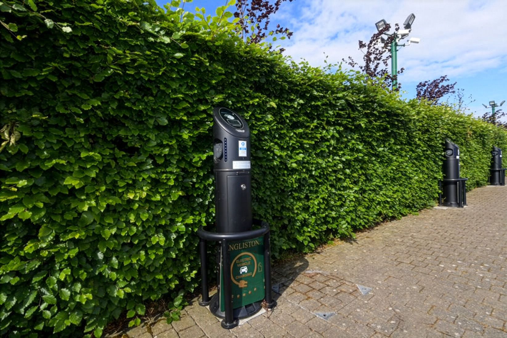 EV charger next to large green hedge