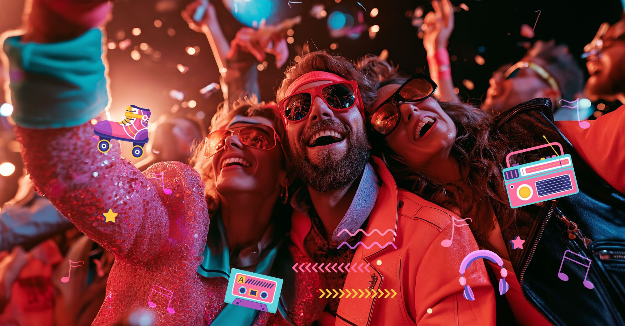 1980s party people with icons around them