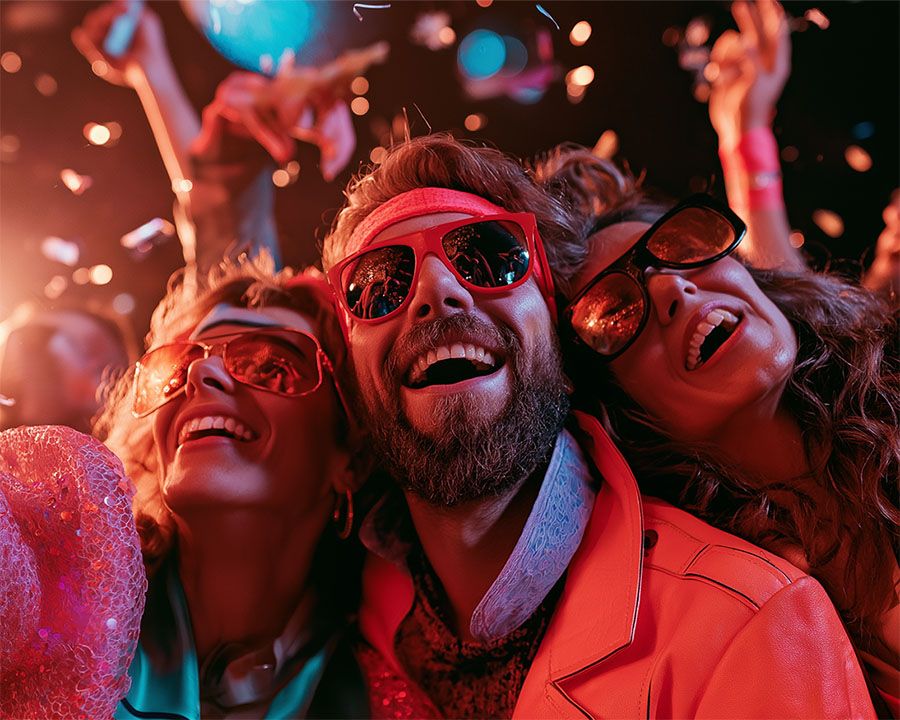 1980s party people with icons around them
