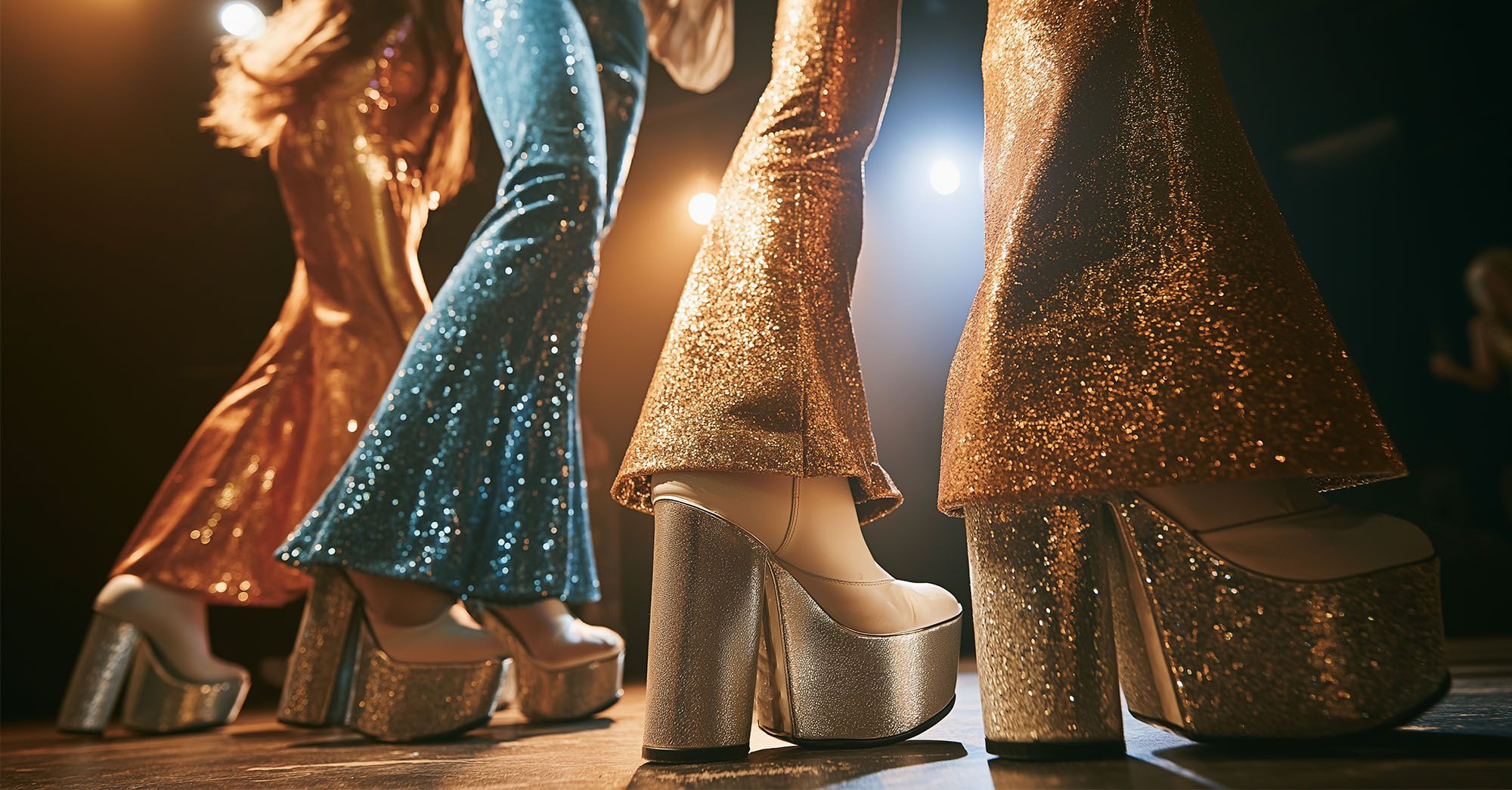 Glitter jumpsuits and platform boots close up