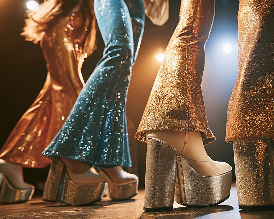 Glitter jumpsuits and platform boots close up