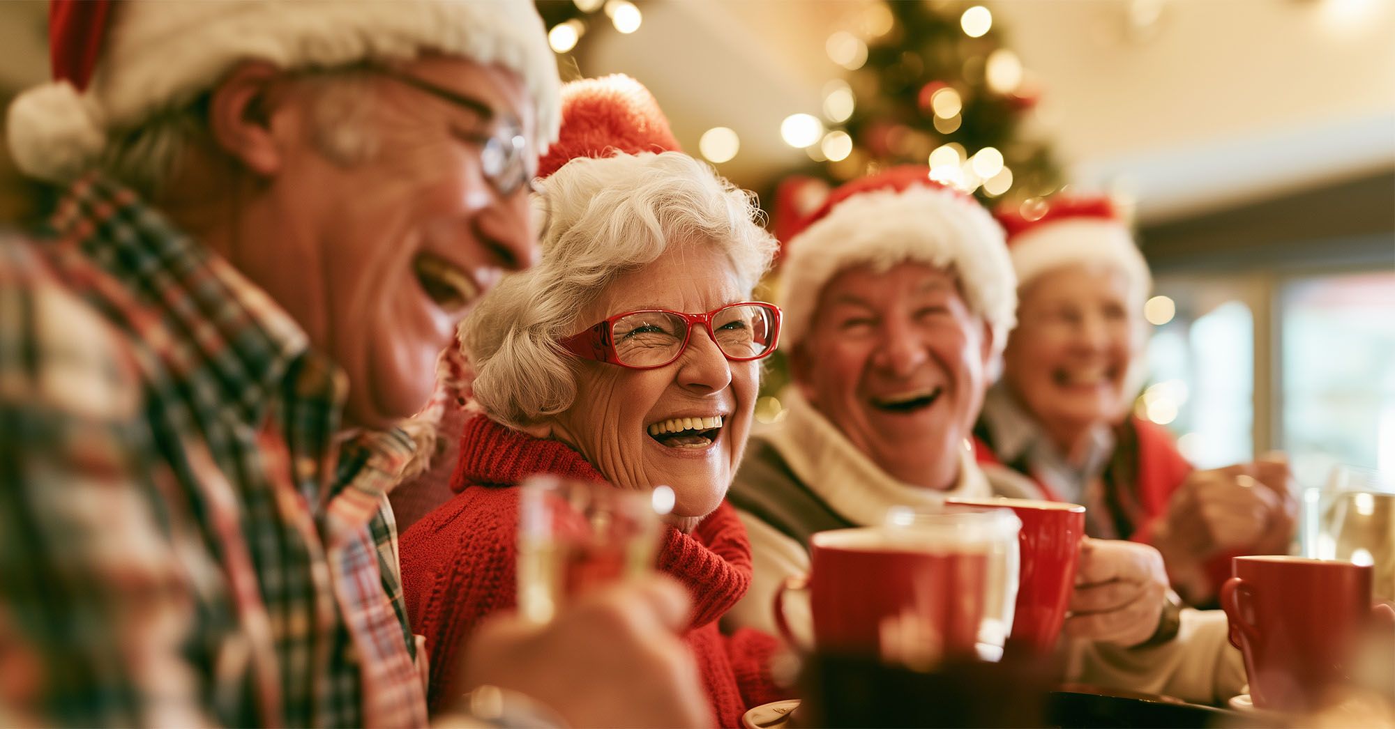 Old people laughing holding tea cups