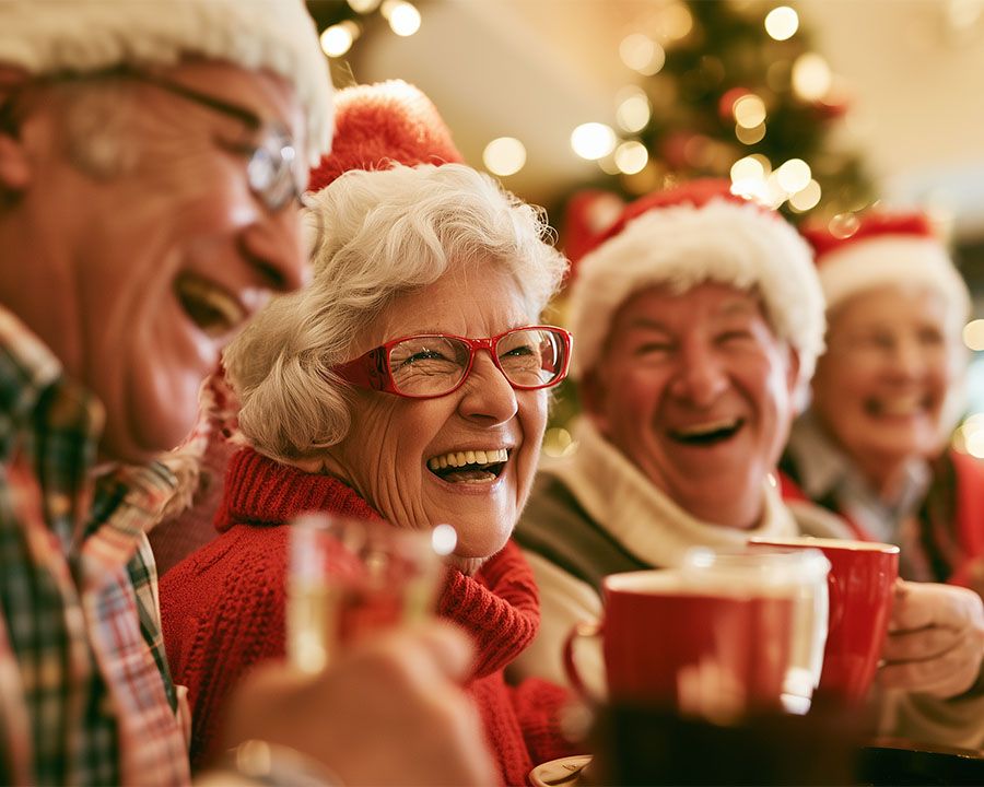 Old people laughing holding tea cups